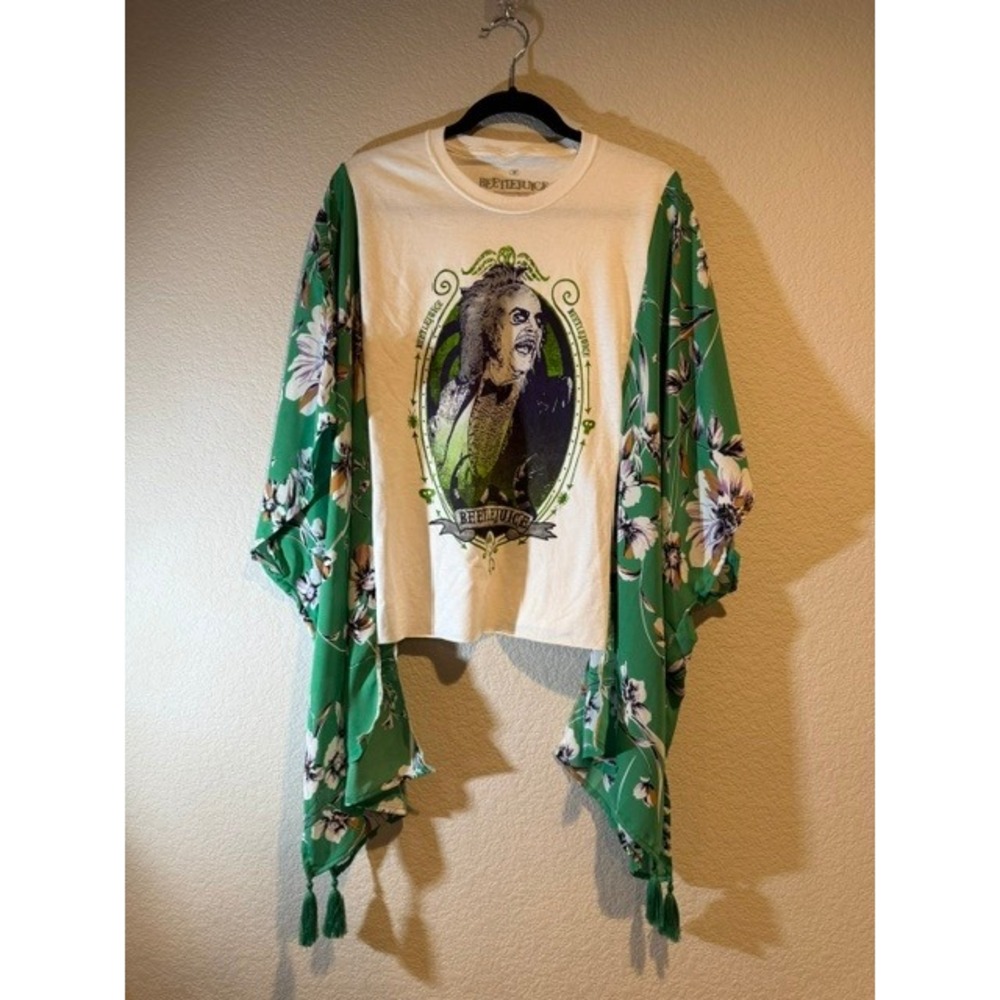 Beetlejuice Upcycled Graphic Tee Floral Kimono Sleeves Tassels Green White O/S - Picture 2 of 6